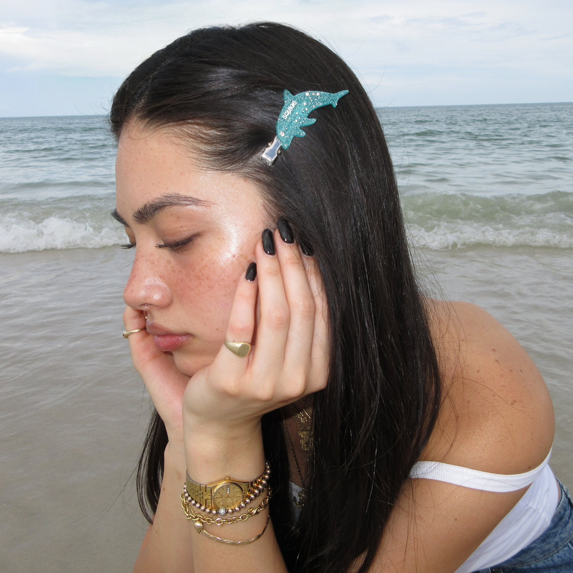 Squigs x Kylie Volkers Dolphin Creaseless Hair Clips in Aquamarine Glitter hover image